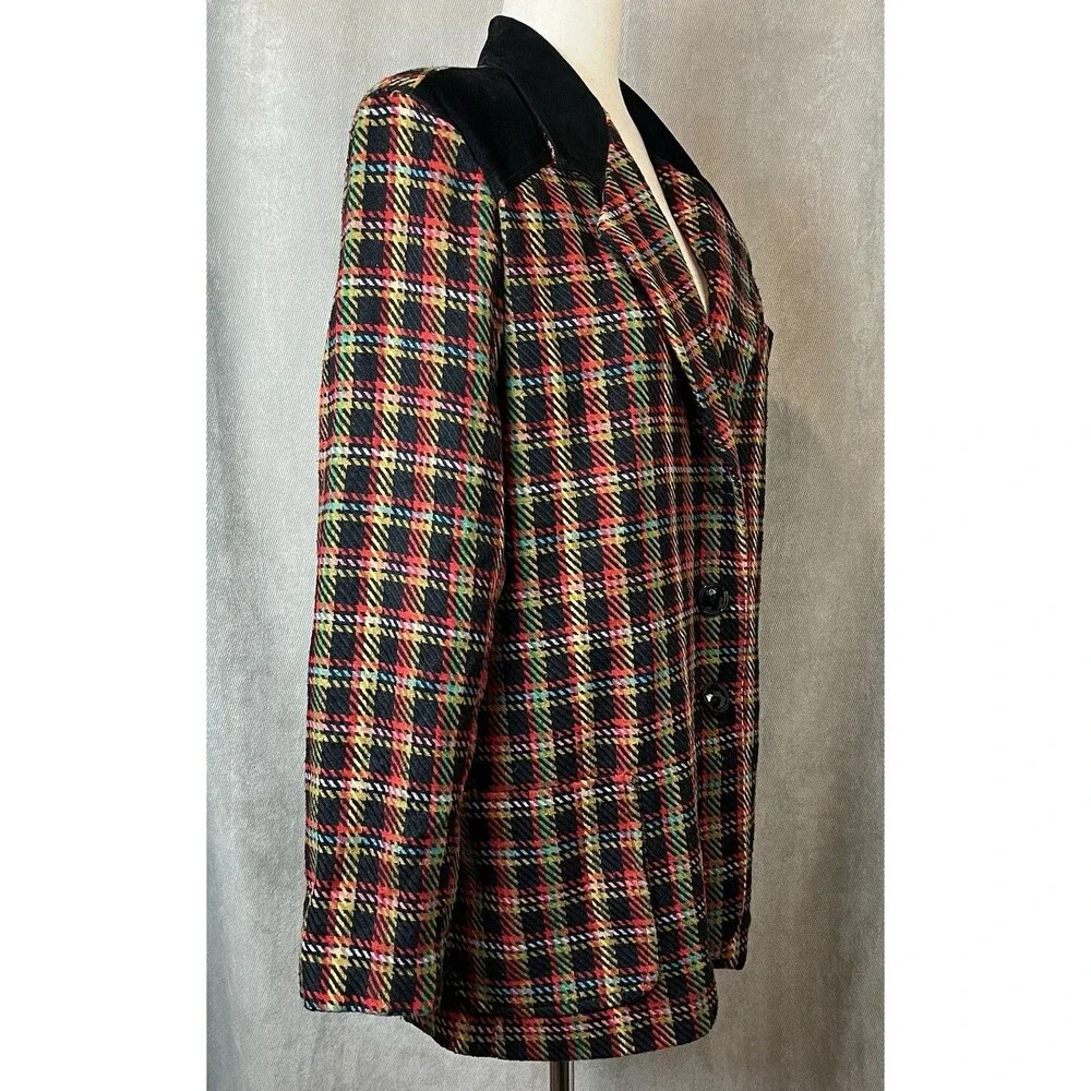 VTG Westerfield Plaid Wool Blend Blazer Suede Like Collar 80s Med USA Academia